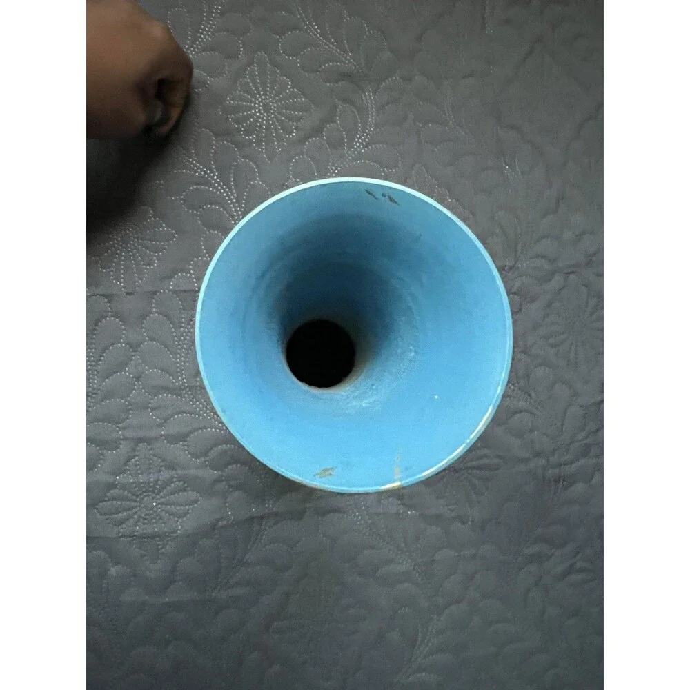 VTG Kashmiri Blue Enamel Brass Vase Hand-Etched Gold Floral Design Home Accent